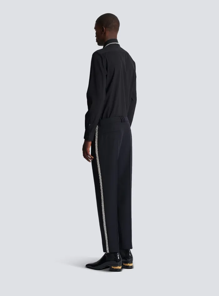 Balmain Trousers And Shorts Men Embroidered Grain De Poudre Trousers Black