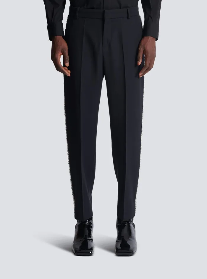 Balmain Trousers And Shorts Men Embroidered Grain De Poudre Trousers Black