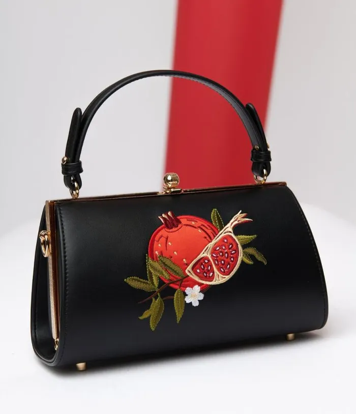 Banned 1950s Black and Red Pomegranate Handbag Accessories Unique Vintage Novelty Bags Banned 1950s Black and Red Pomegranate Handbag Accessories Unique Vintage Novelty Bags