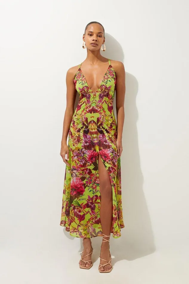 Beachwear Women Karen Millen Embellished Mirrored Floral Strappy Beach Maxi Dress Pink Beachwear Women Karen Millen Embellished Mirrored Floral Strappy Beach Maxi Dress Pink
