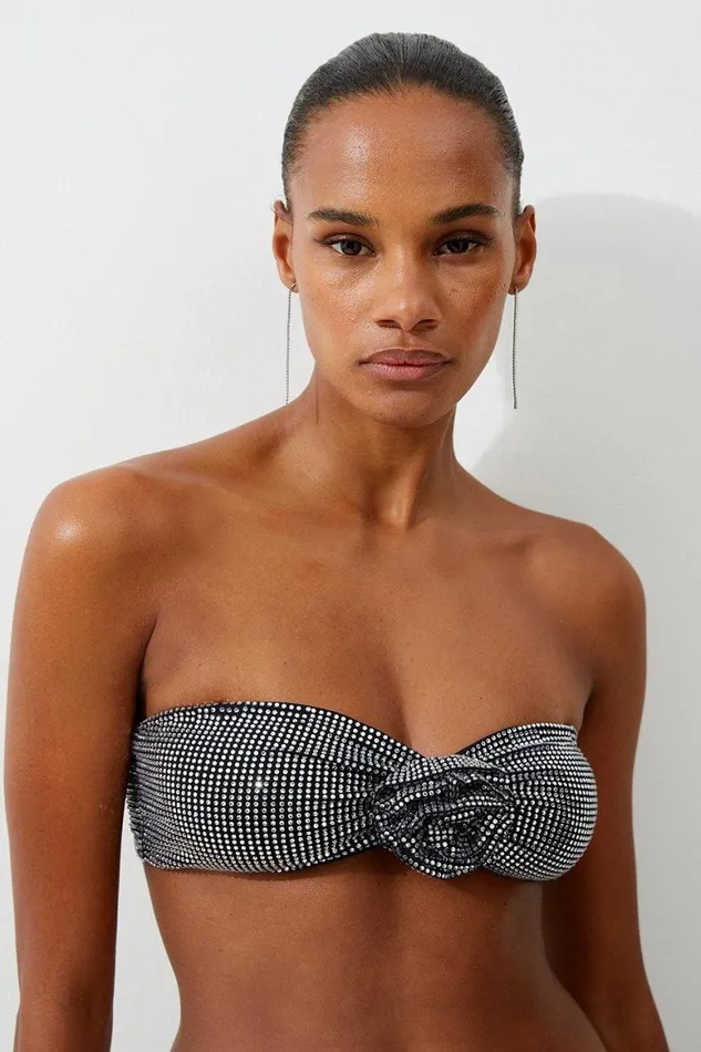 Beachwear Women Karen Millen Premium Embellished Rosette Bandeau Bikini Top Black