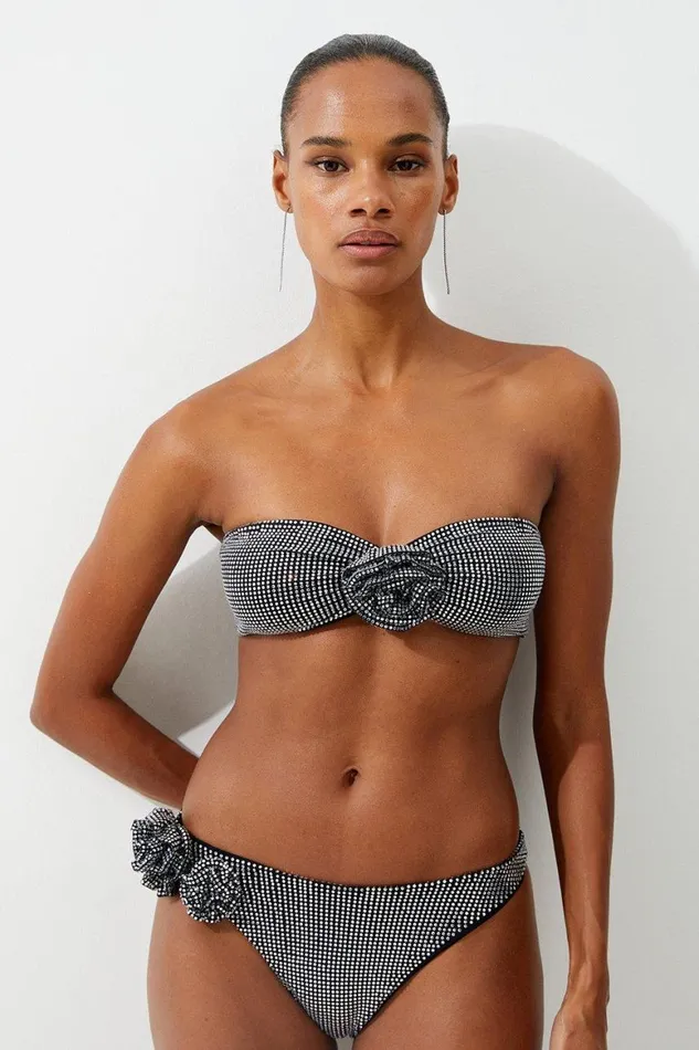 Beachwear Women Karen Millen Premium Embellished Rosette Bandeau Bikini Top Black