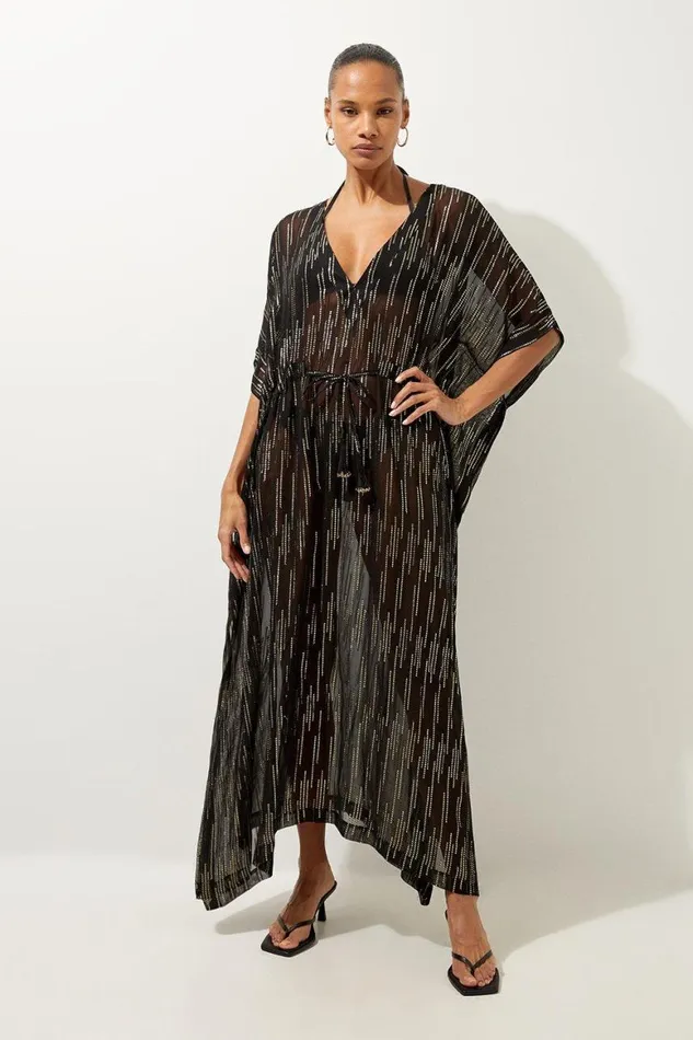 Beachwear Women Karen Millen Tie Waist Metallic Thread Woven Plunge Beach Maxi Dress Black Beachwear Women Karen Millen Tie Waist Metallic Thread Woven Plunge Beach Maxi Dress Black