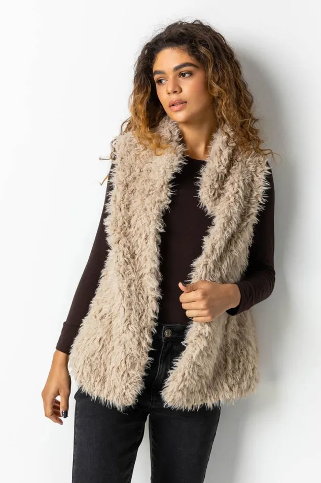 Beige Faux Fur Fluffy Gilet Women Roman Jackets