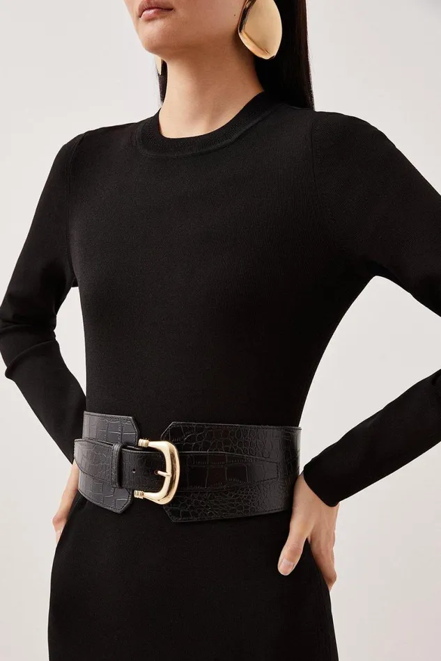 Belts Women Karen Millen Leather Croc Wide Waist Belt Black