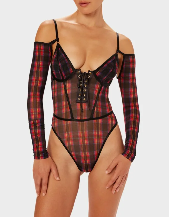 Betsey Johnson Women PARADE PLAID BODYSUIT RED PLAID