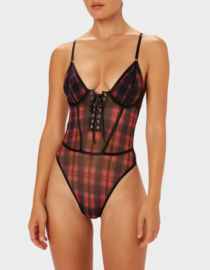 Betsey Johnson Women PARADE PLAID BODYSUIT RED PLAID