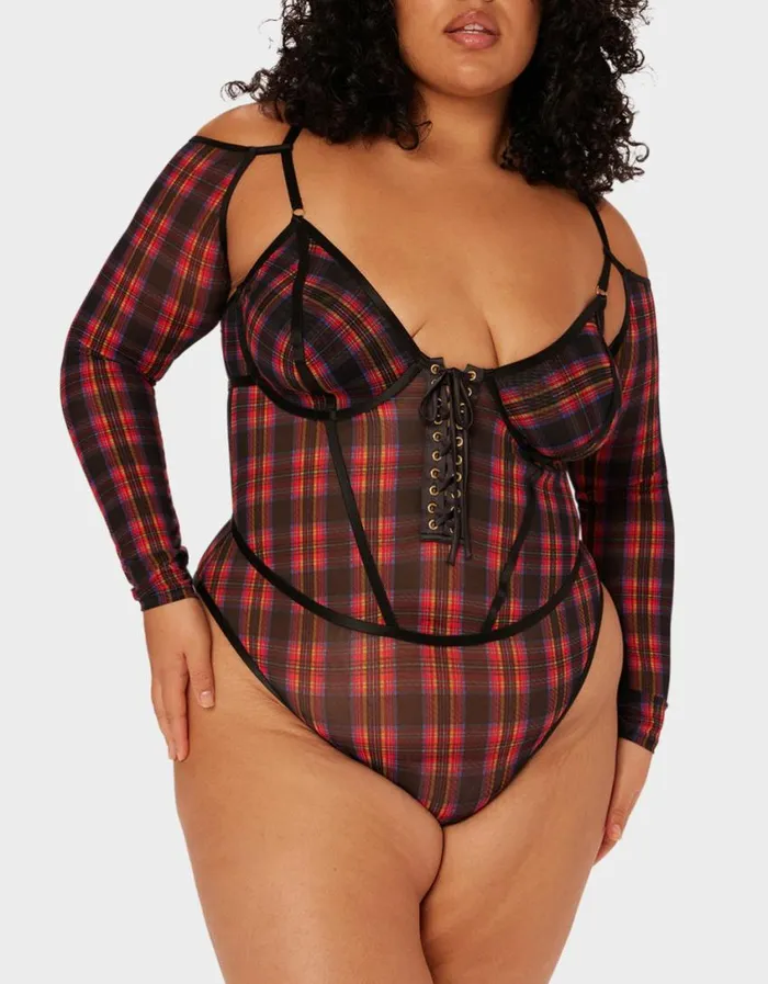 Betsey Johnson Women PARADE PLAID BODYSUIT RED PLAID