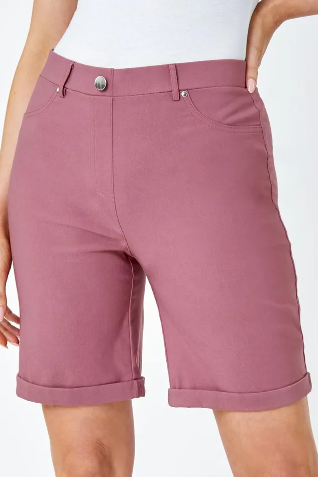 Biscuit Elastic Waist Turn Up Stretch Shorts Women Roman Coords
