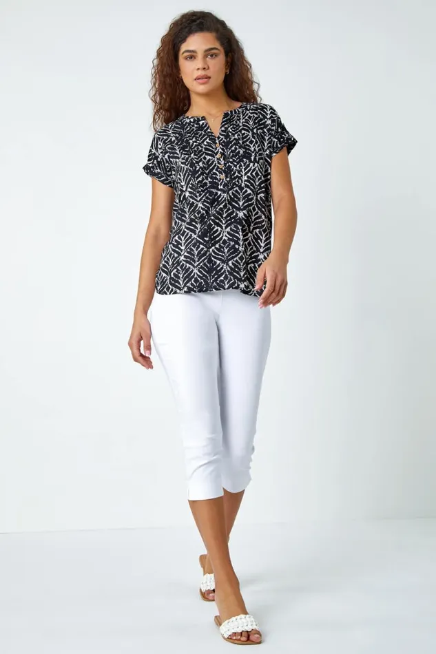 Black Abstract Print Button Detail Top Women Roman Tops