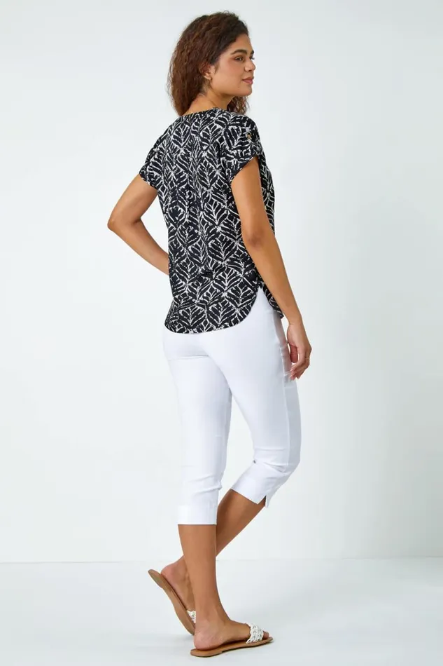 Black Abstract Print Button Detail Top Women Roman Tops