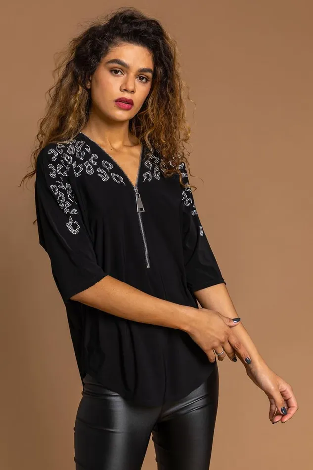 Black Animal Hotfix Embellished Zip Top Women Roman Tops