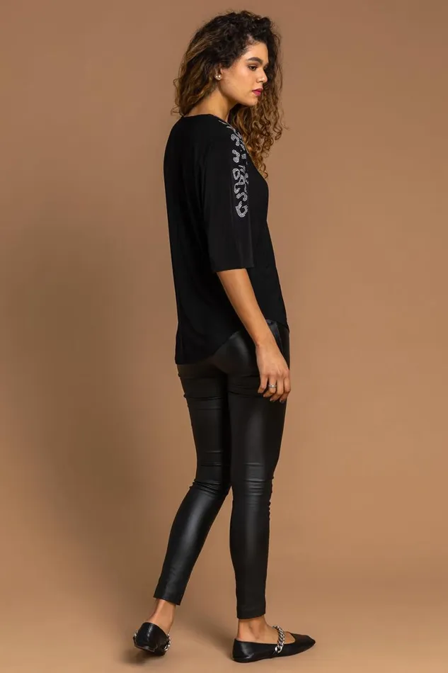 Black Animal Hotfix Embellished Zip Top Women Roman Tops