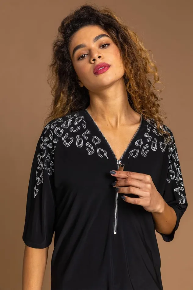 Black Animal Hotfix Embellished Zip Top Women Roman Tops