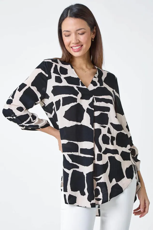 Black Animal Print Pleat Front VNeck Top Women Roman Tops