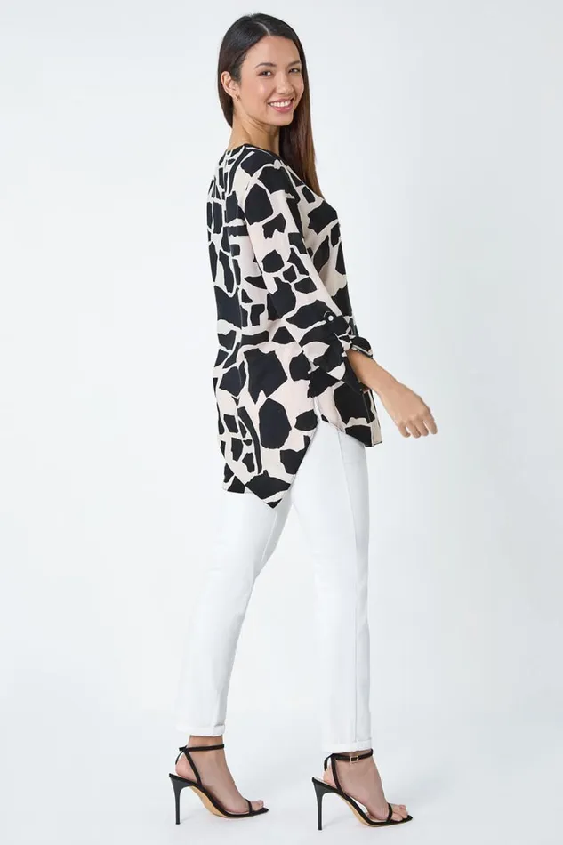 Black Animal Print Pleat Front VNeck Top Women Roman Tops