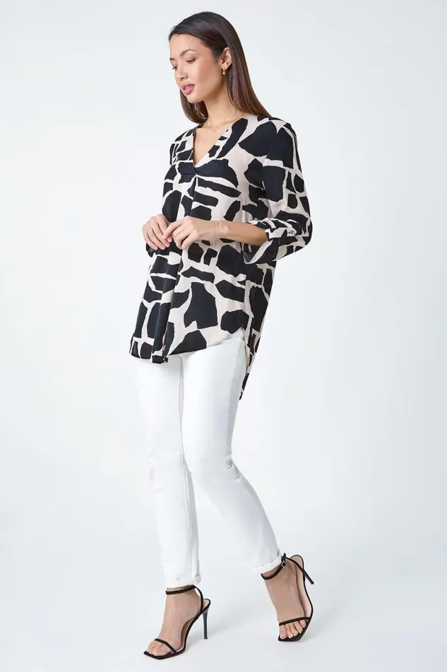 Black Animal Print Pleat Front VNeck Top Women Roman Tops
