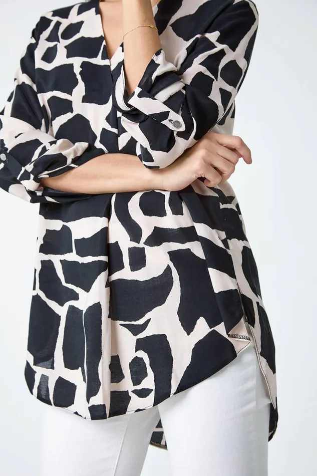 Black Animal Print Pleat Front VNeck Top Women Roman Tops