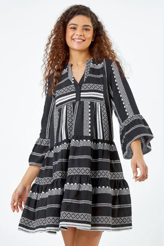 Black Aztec Print Cotton Smock Dress Women Roman Dresses