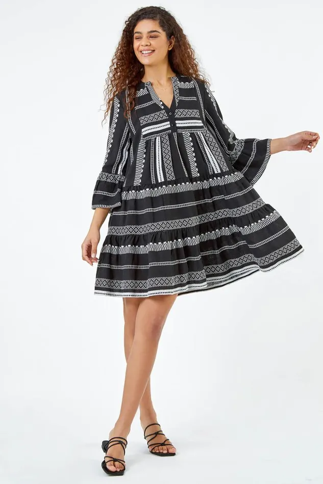 Black Aztec Print Cotton Smock Dress Women Roman Dresses