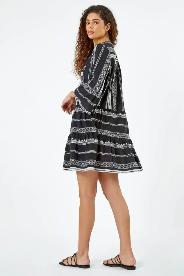 Black Aztec Print Cotton Smock Dress Women Roman Dresses