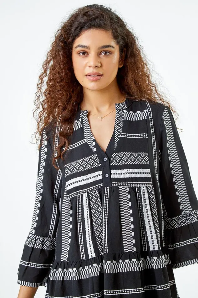 Black Aztec Print Cotton Smock Dress Women Roman Dresses