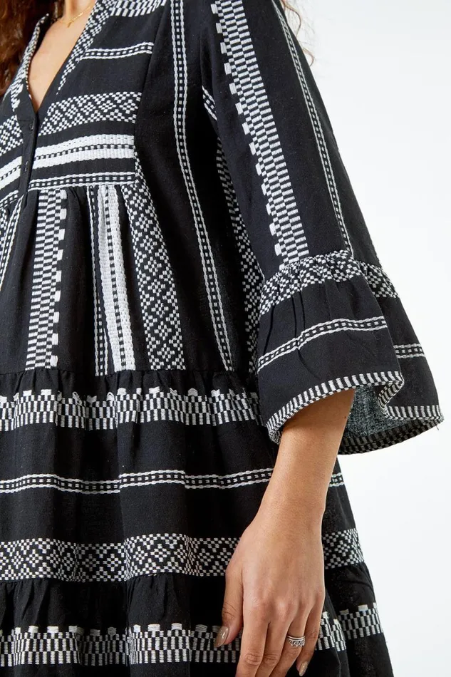 Black Aztec Print Cotton Smock Dress Women Roman Dresses