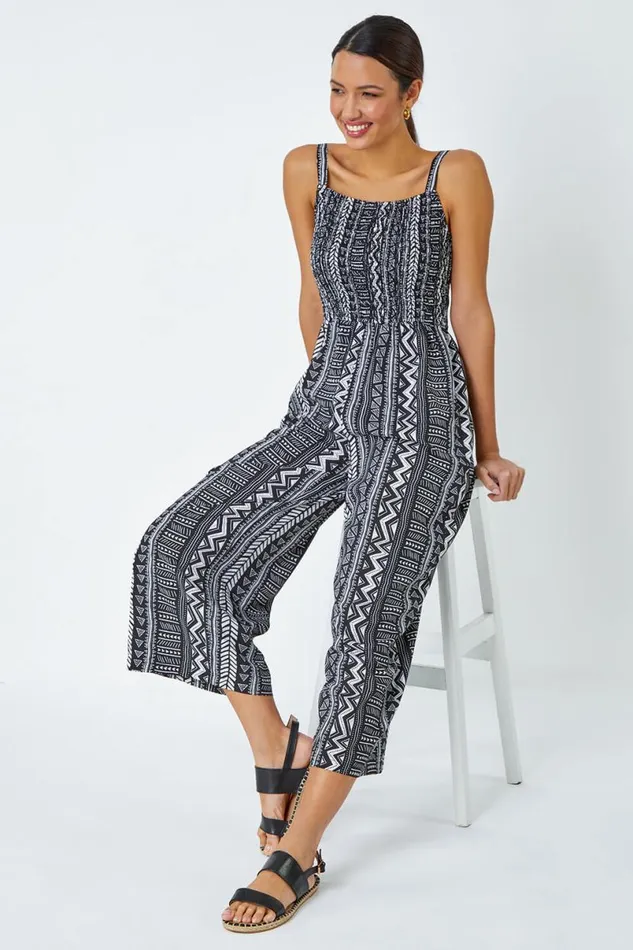Black Aztec Stripe Print Crop Stretch Jumpsuit Women Roman Dresses