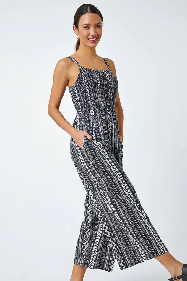 Black Aztec Stripe Print Crop Stretch Jumpsuit Women Roman Dresses