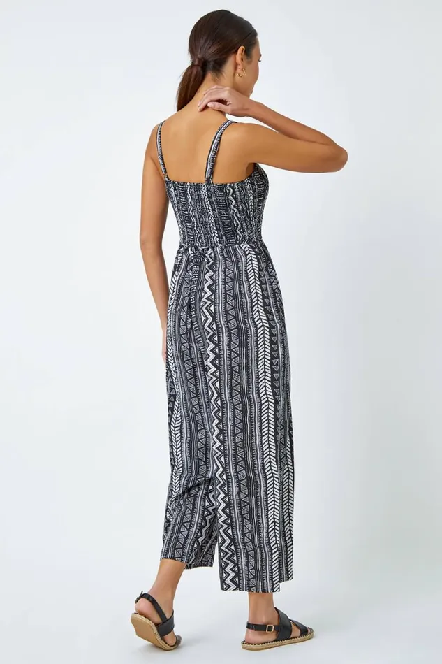 Black Aztec Stripe Print Crop Stretch Jumpsuit Women Roman Dresses