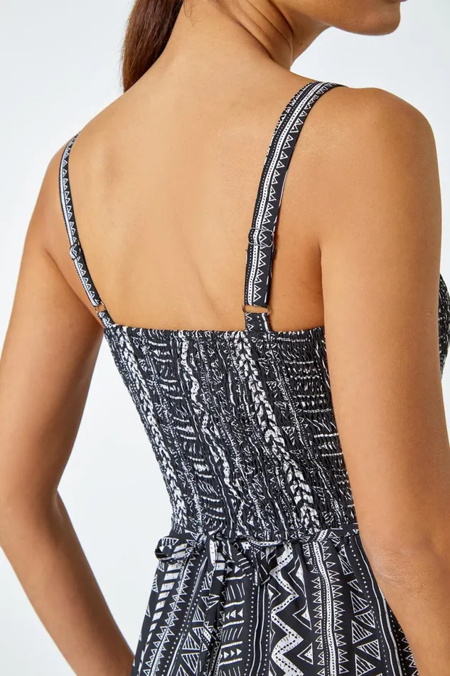Black Aztec Stripe Print Crop Stretch Jumpsuit Women Roman Dresses