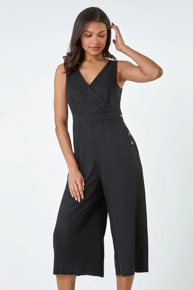 Black Button Detail Wrap Culotte Jumpsuit Women Roman Dresses