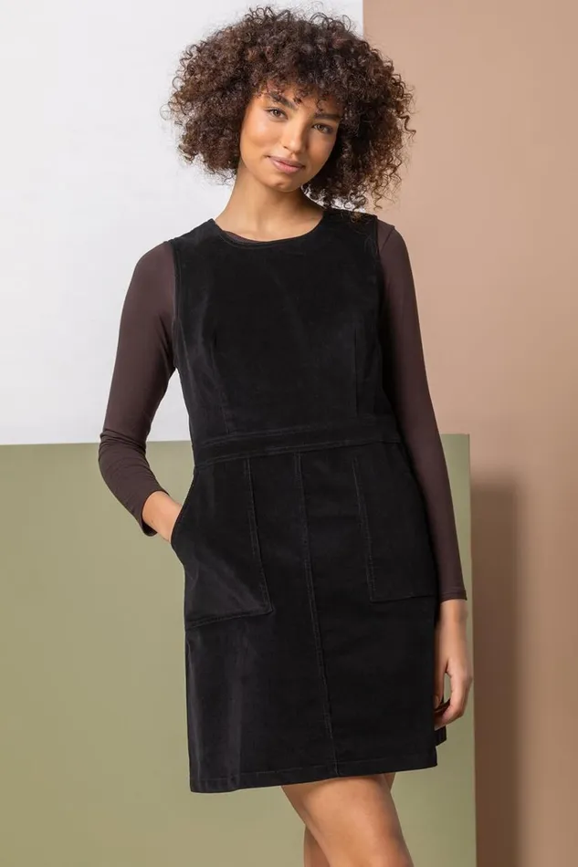 Black Corduroy Pull On Pinafore Dress Women Roman Dresses
