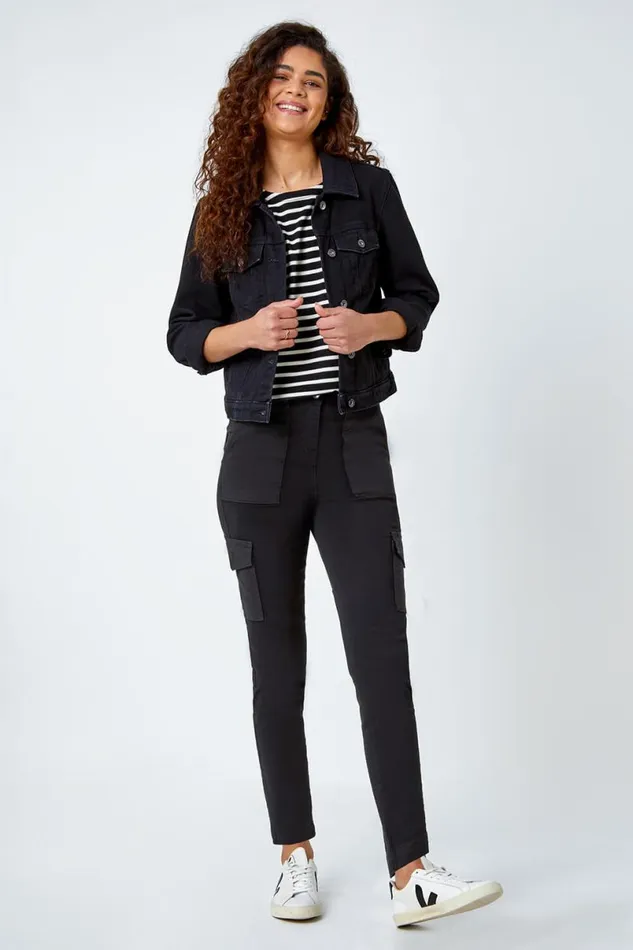 Black Cotton Blend Cargo Stretch Jegging Women Roman Trousers