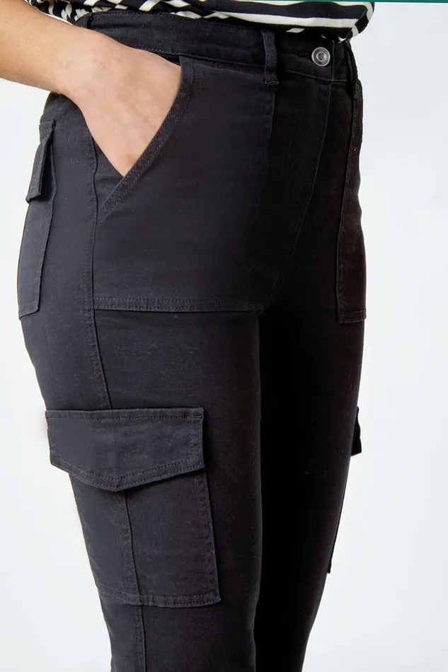 Black Cotton Blend Cargo Stretch Jegging Women Roman Trousers