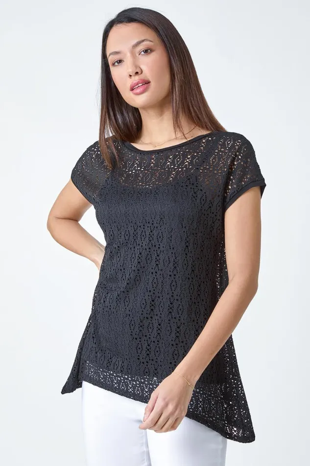Black Crochet Overlay Stretch Top Women Roman Tops