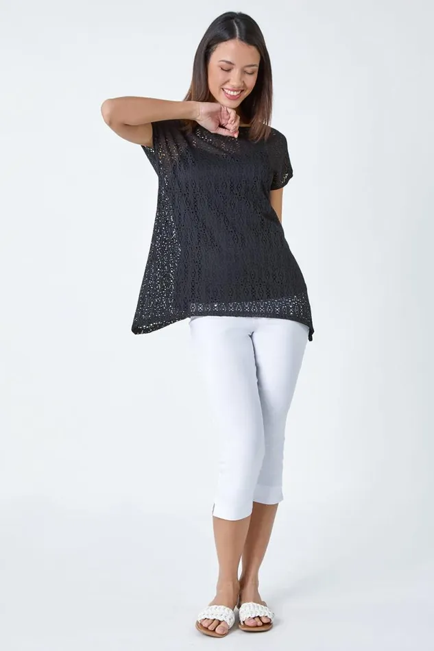 Black Crochet Overlay Stretch Top Women Roman Tops