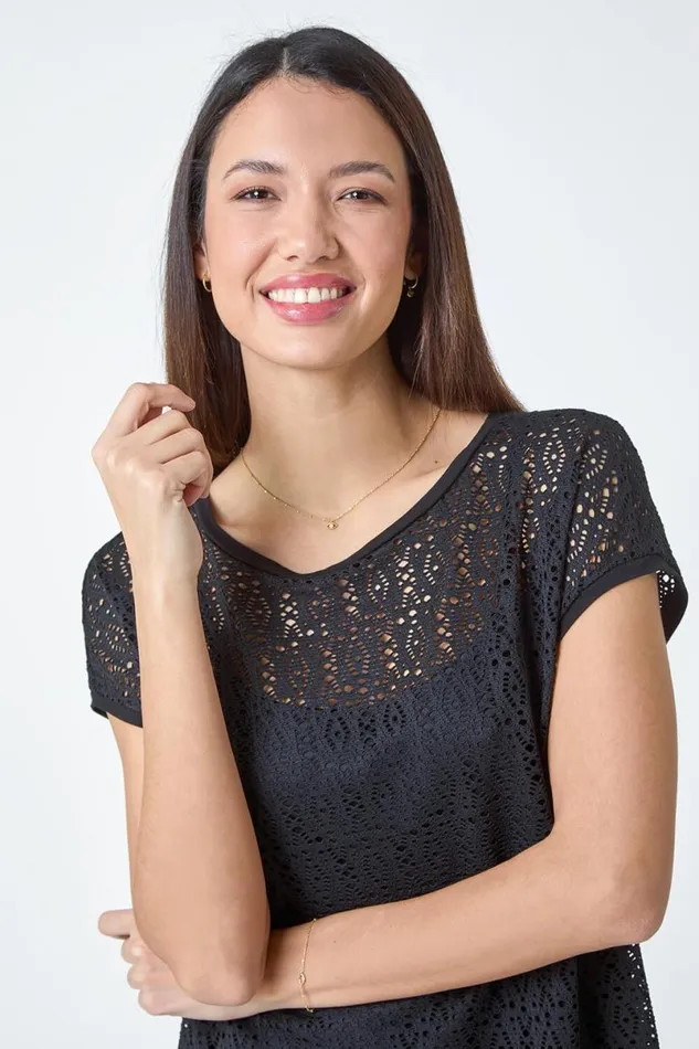 Black Crochet Overlay Stretch Top Women Roman Tops