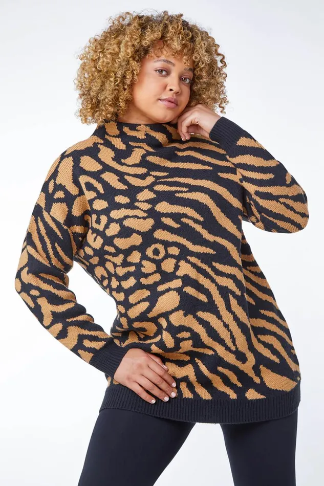 Black Curve Animal Print High Neck Jumper Women Roman Knitwear