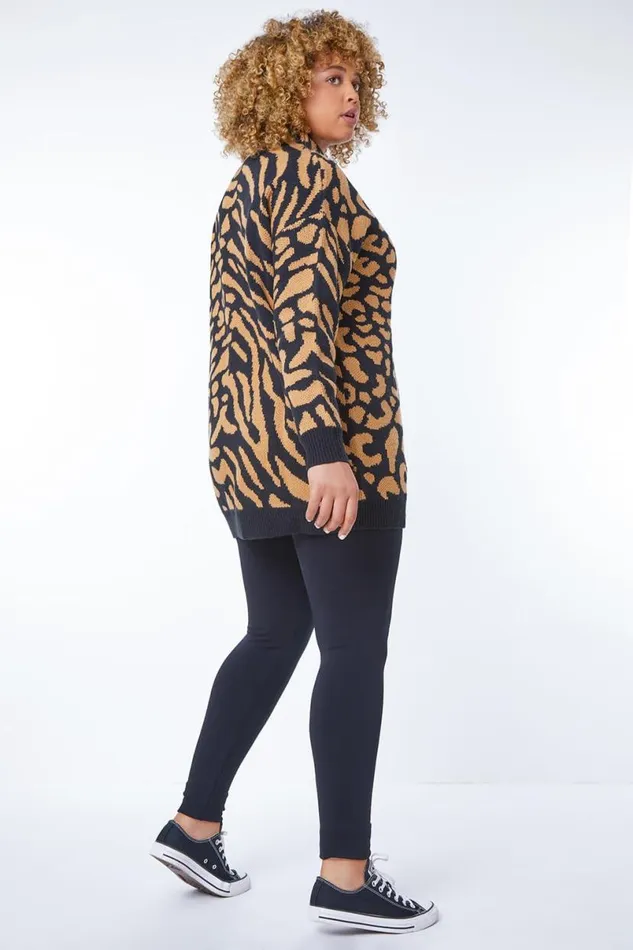 Black Curve Animal Print High Neck Jumper Women Roman Knitwear