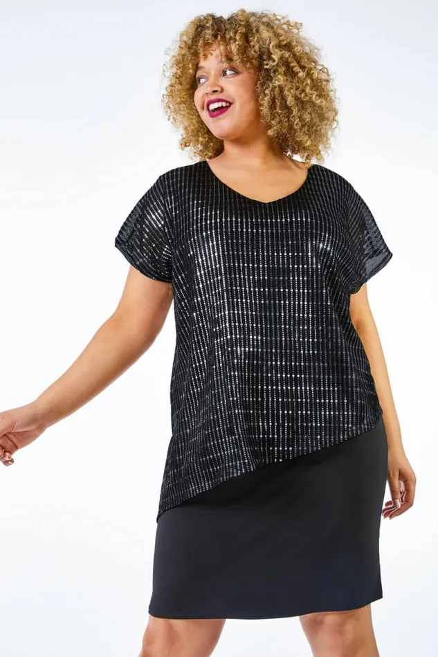 Black Curve Asymmetric Shimmer Overlay Dress Women Roman Dresses