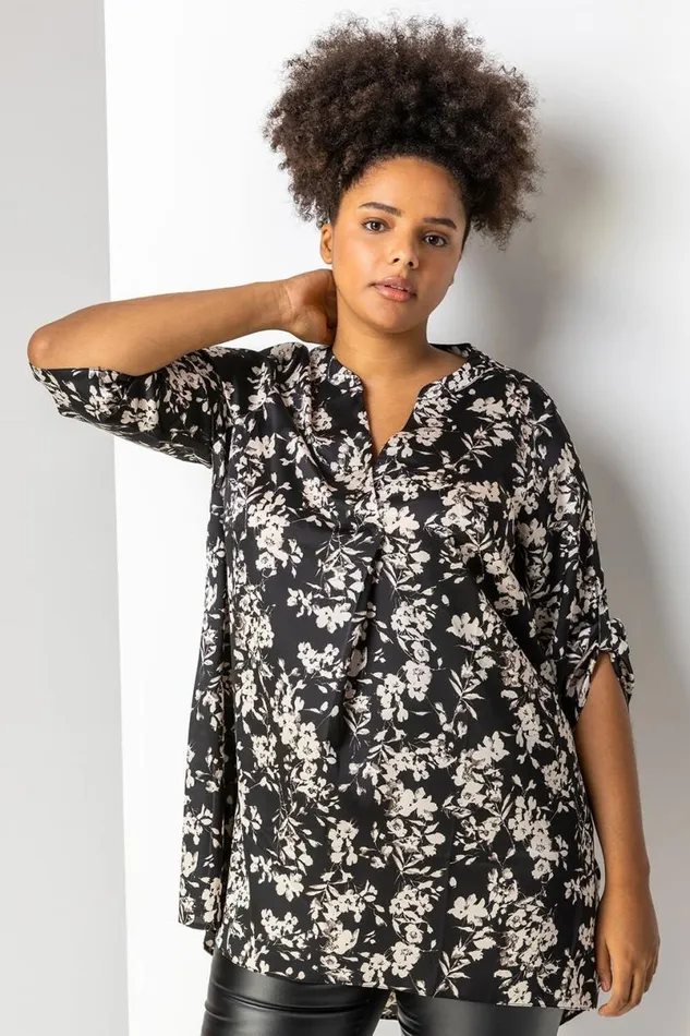 Black Curve Button Detail Floral Top Women Roman Tops
