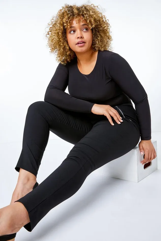 Black Curve Full Length Zip Elastic Waist Trouser Women Roman Trousers