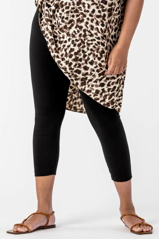 Black Curve Plain Elastic Waist Cropped Leggings Women Roman Trousers