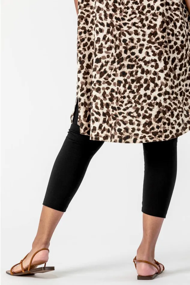 Black Curve Plain Elastic Waist Cropped Leggings Women Roman Trousers