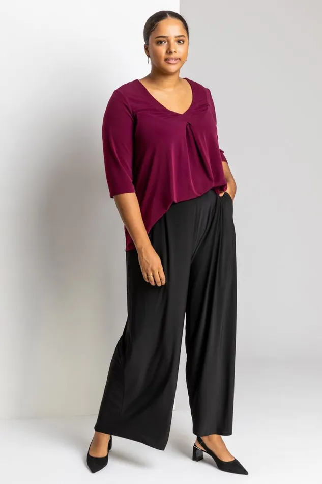 Black Curve Plain Elastic Waist Wide Leg Trouser Women Roman Trousers