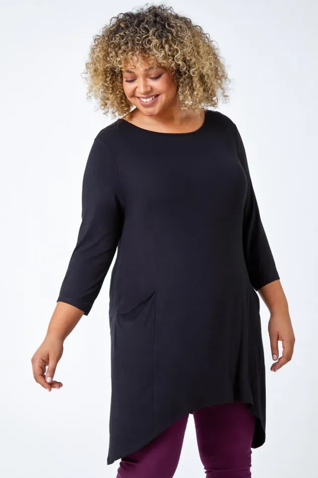 Black Curve Pocket Detail Stretch Tunic Top Women Roman Tops