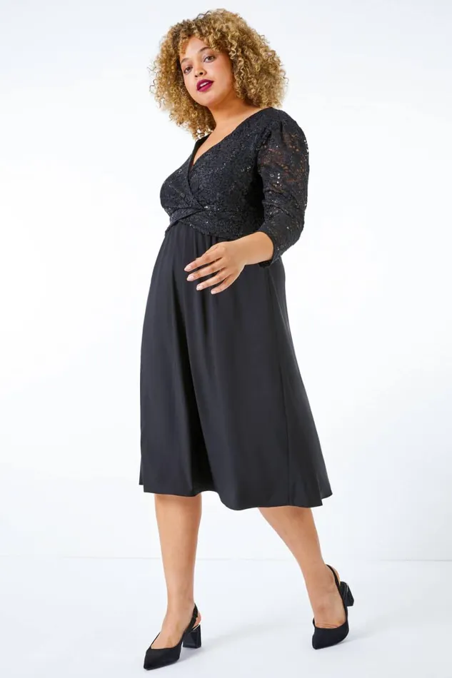 Black Curve Sequin Lace Wrap Dress Women Roman Dresses