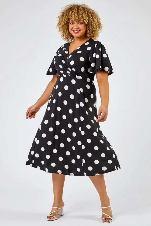 Black Curve Spot Print Midi Dress Women Roman Dresses