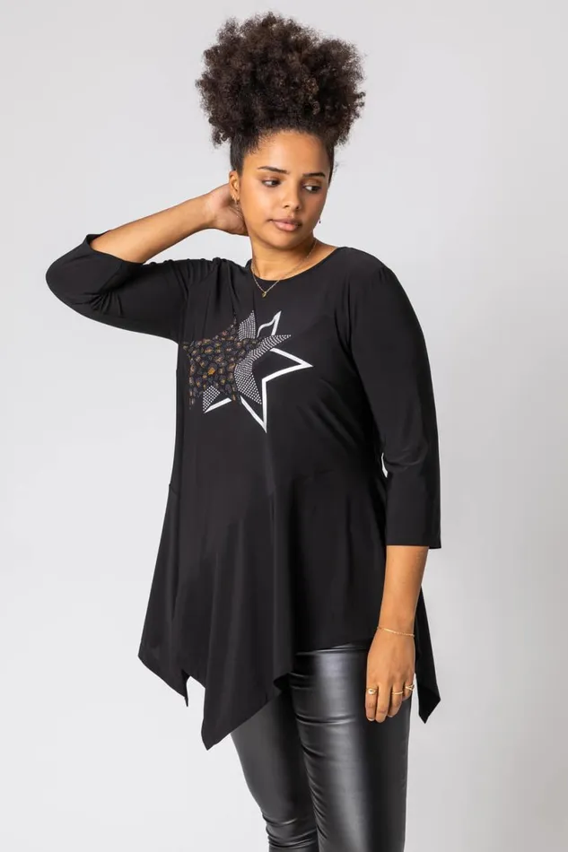 Black Curve Star Print Hanky Hem Top Women Roman Tops